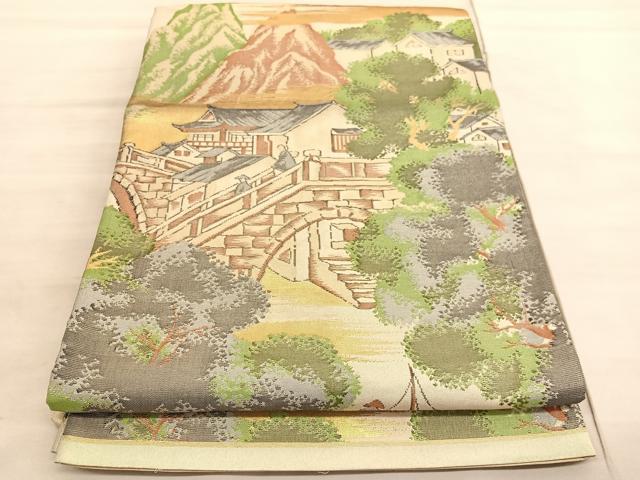 平和屋着物◎六通柄袋帯　綴れ　風景文　金糸　正絹　逸品　BAAV5855hv