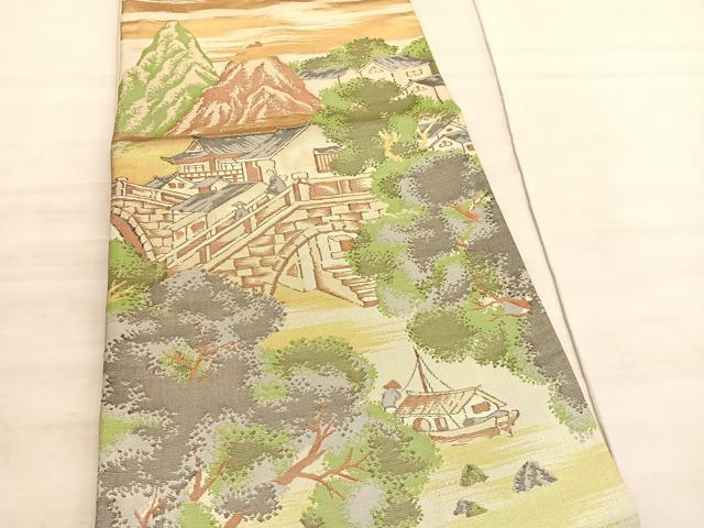 平和屋着物◎六通柄袋帯　綴れ　風景文　金糸　正絹　逸品　BAAV5855hv