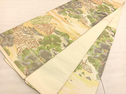 平和屋着物◎六通柄袋帯　綴れ　風景文　金糸　正絹　逸品　BAAV5855hv
