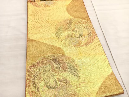 平和屋着物◎六通柄袋帯　彩華　立波梅鶴文　金彩　正絹　逸品　BAAV5885hv