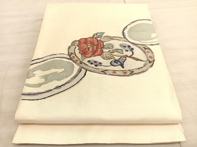 平和屋着物◎太鼓柄袋帯　すくい織　椿　正絹　逸品　BAAV5913hv