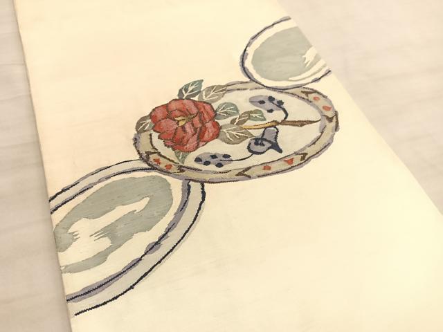 平和屋着物◎太鼓柄袋帯　すくい織　椿　正絹　逸品　BAAV5913hv