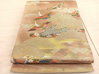 平和屋着物◎六通柄袋帯　唐織　有職飛鶴松文　金糸　正絹　逸品　BAAV5918hv
