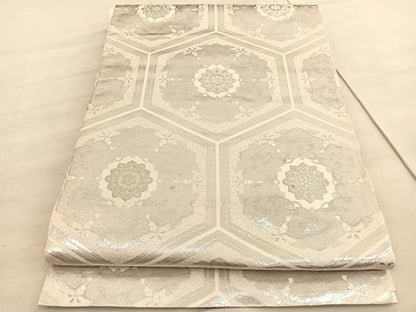 平和屋着物◎六通柄袋帯 亀甲花文 銀糸 正絹 逸品 BAAV5928hv
