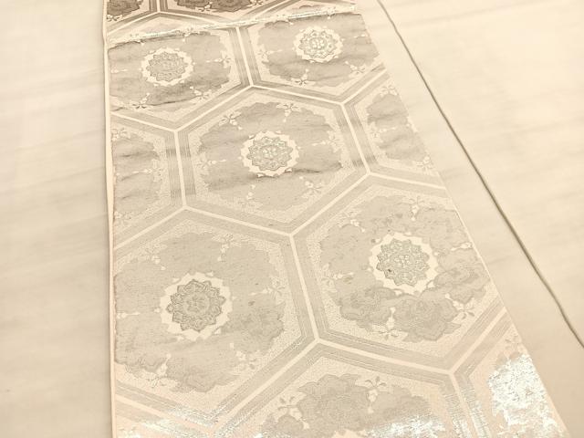 平和屋着物◎六通柄袋帯 亀甲花文 銀糸 正絹 逸品 BAAV5928hv