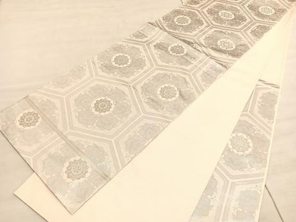 平和屋着物◎六通柄袋帯 亀甲花文 銀糸 正絹 逸品 BAAV5928hv