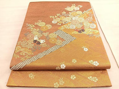 平和屋着物◎六通柄袋帯　唐織　花蝶文　金糸　正絹　逸品　BAAV5942hv