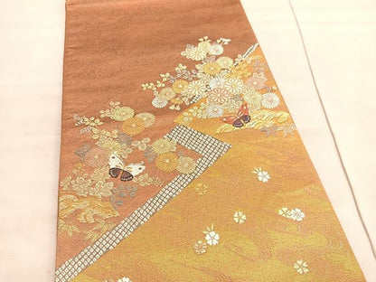 平和屋着物◎六通柄袋帯　唐織　花蝶文　金糸　正絹　逸品　BAAV5942hv