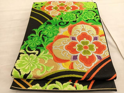 平和屋着物◎六通柄袋帯　唐織　花青海波　黒地　金銀糸　正絹　逸品　BAAV5956hv