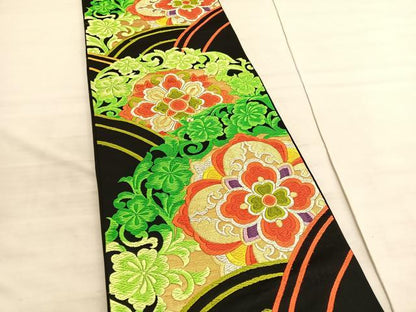 平和屋着物◎六通柄袋帯　唐織　花青海波　黒地　金銀糸　正絹　逸品　BAAV5956hv