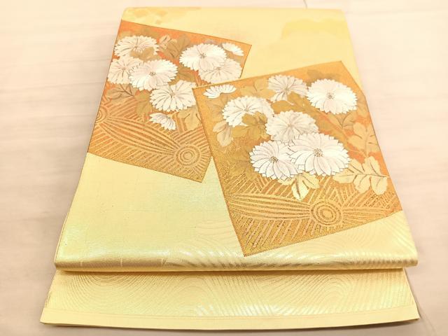 平和屋着物◎太鼓柄袋帯 駒刺繍 色紙菊文 金銀彩 引箔 正絹 逸品 BAAV5983hv