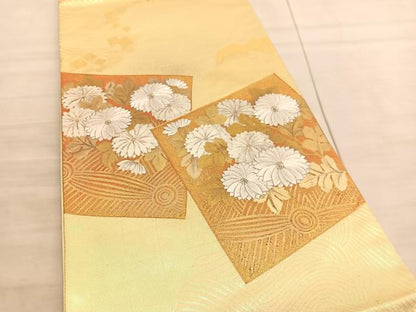 平和屋着物◎太鼓柄袋帯 駒刺繍 色紙菊文 金銀彩 引箔 正絹 逸品 BAAV5983hv