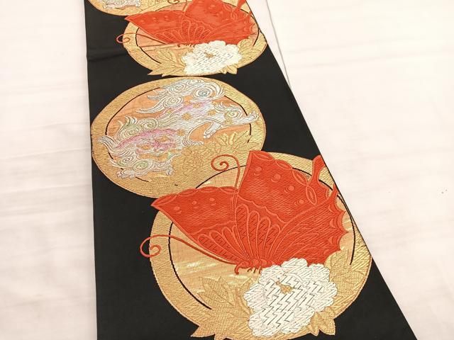 平和屋着物◎六通柄袋帯 唐織 獅子花蝶丸文 黒地 金銀糸 正絹 逸品 BAAV5991hv