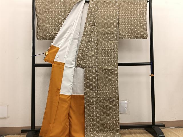 平和屋着物■小紋 麻の葉花文 洗える着物 BAAV6081mz
