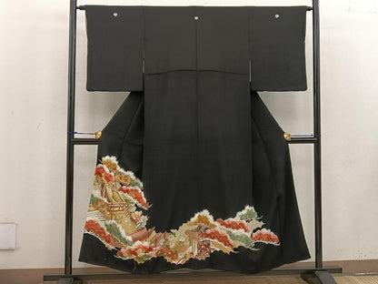 平和屋着物■豪華黒留袖　刺繍　草花文　金彩　正絹　逸品　BAAV6083mz