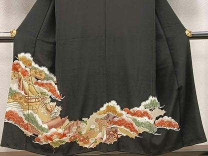平和屋着物■豪華黒留袖　刺繍　草花文　金彩　正絹　逸品　BAAV6083mz
