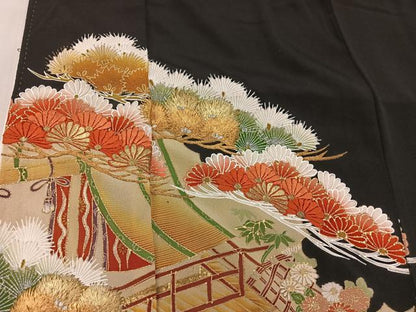 平和屋着物■豪華黒留袖　刺繍　草花文　金彩　正絹　逸品　BAAV6083mz