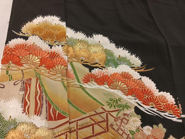 平和屋着物■豪華黒留袖　刺繍　草花文　金彩　正絹　逸品　BAAV6083mz