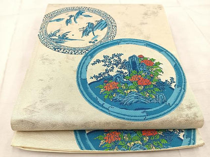 平和屋着物◎六通柄袋帯 唐織 風景花絵皿文 銀糸 引箔 正絹 逸品 BAAV6414yc
