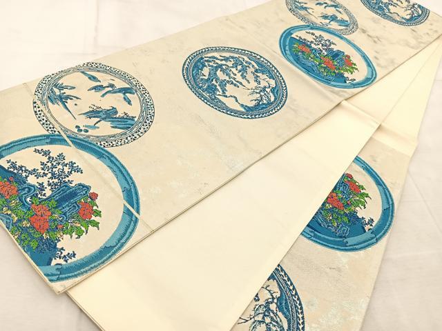 平和屋着物◎六通柄袋帯 唐織 風景花絵皿文 銀糸 引箔 正絹 逸品 BAAV6414yc