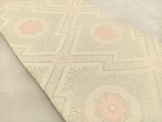 平和屋着物◎六通柄袋帯 唐織 松皮菱花文 銀糸 正絹 逸品 BAAV6416yc