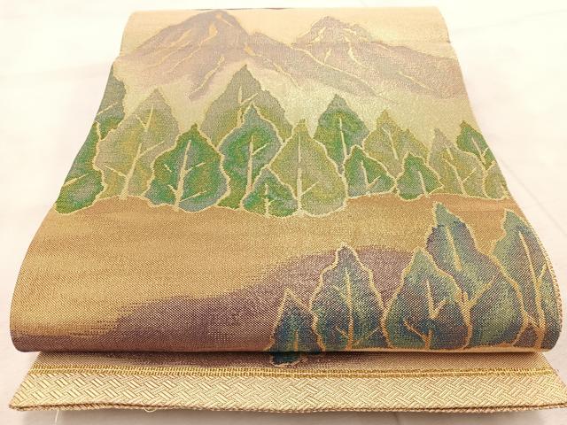 平和屋着物◎佐賀錦 六通柄袋帯 遠山樹林文 金糸 正絹 逸品 BAAV6418yc