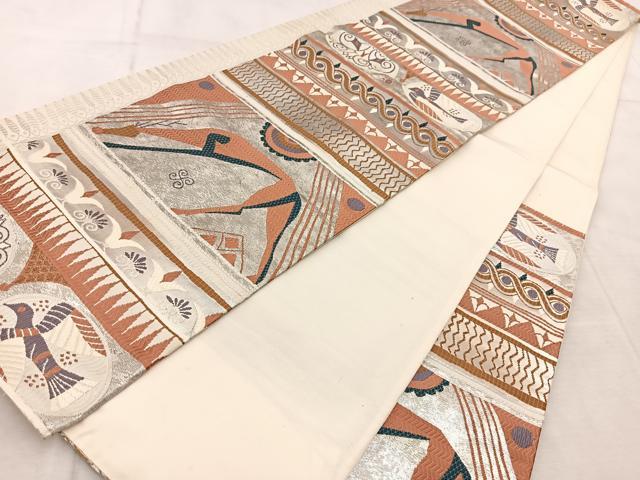 平和屋着物◎六通柄袋帯 唐織 壁画文様 銀糸 引箔 正絹 逸品 BAAV6426yc