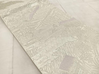平和屋着物◎六通柄袋帯　唐織　流水風景文　銀糸　正絹　逸品　BAAV6429yc