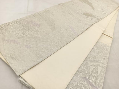 平和屋着物◎六通柄袋帯　唐織　流水風景文　銀糸　正絹　逸品　BAAV6429yc