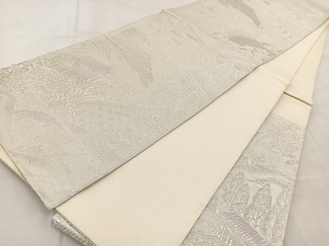 平和屋着物◎六通柄袋帯　唐織　流水風景文　銀糸　正絹　逸品　BAAV6429yc
