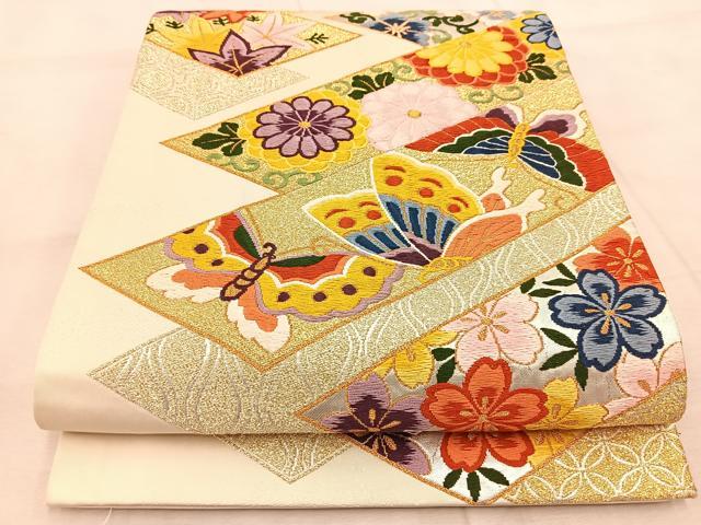 平和屋着物●西陣 白綾苑大庭 六通柄袋帯 唐織 短冊花蝶文 金銀糸 正絹 逸品 BAAV6435yc