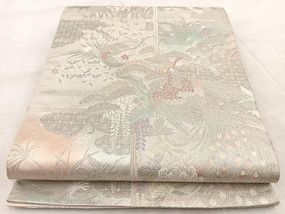 平和屋着物◎六通柄袋帯　花鳥絵巻文　手織二重箔　プラチナ箔　正絹　逸品　BAAV6439yc