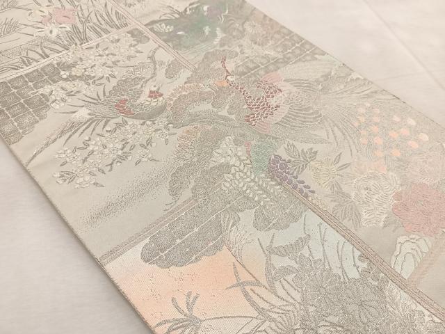 平和屋着物◎六通柄袋帯　花鳥絵巻文　手織二重箔　プラチナ箔　正絹　逸品　BAAV6439yc