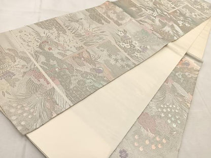 平和屋着物◎六通柄袋帯　花鳥絵巻文　手織二重箔　プラチナ箔　正絹　逸品　BAAV6439yc