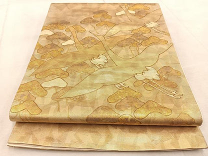 平和屋着物◎太鼓柄袋帯 螺鈿箔 群鶴松文 金銀糸 正絹 逸品 BAAV6440yc