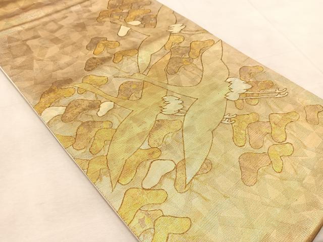 平和屋着物◎太鼓柄袋帯 螺鈿箔 群鶴松文 金銀糸 正絹 逸品 BAAV6440yc