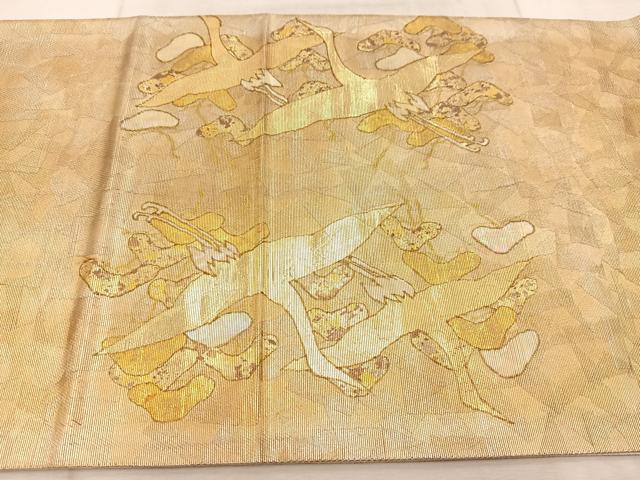 平和屋着物◎太鼓柄袋帯 螺鈿箔 群鶴松文 金銀糸 正絹 逸品 BAAV6440yc