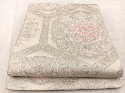 平和屋着物◎六通柄袋帯 唐織 みゆき 亀甲花文 銀糸 正絹 逸品 BAAV6456yc