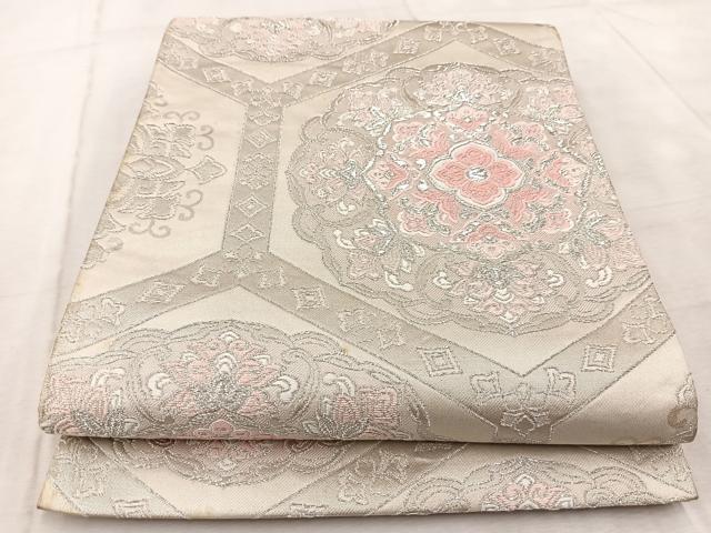 平和屋着物◎六通柄袋帯 唐織 みゆき 亀甲花文 銀糸 正絹 逸品 BAAV6456yc