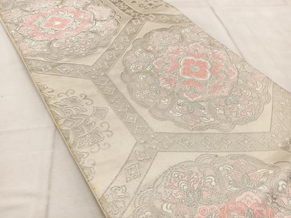 平和屋着物◎六通柄袋帯 唐織 みゆき 亀甲花文 銀糸 正絹 逸品 BAAV6456yc