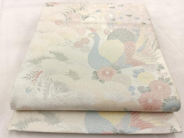 平和屋着物◎900織佐賀錦　六通柄袋帯　孔雀花文　銀糸　正絹　逸品　BAAV6459yc