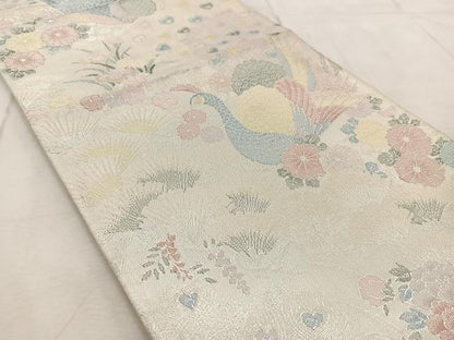 平和屋着物◎900織佐賀錦　六通柄袋帯　孔雀花文　銀糸　正絹　逸品　BAAV6459yc