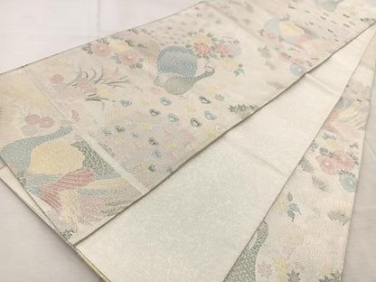 平和屋着物◎900織佐賀錦　六通柄袋帯　孔雀花文　銀糸　正絹　逸品　BAAV6459yc