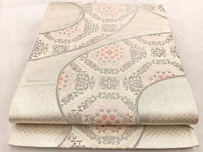 平和屋着物◎六通柄袋帯 唐織 蜀江花文 銀糸 正絹 逸品 BAAV6469yc