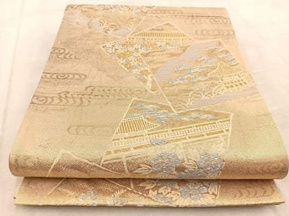 平和屋着物◎六通柄袋帯 色紙重ね風景文 金銀糸 正絹 逸品 BAAV6471yc