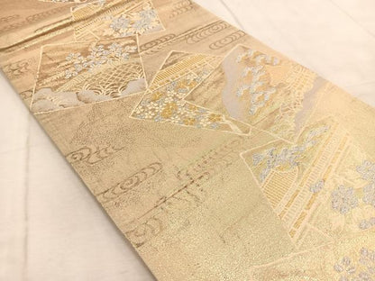 平和屋着物◎六通柄袋帯 色紙重ね風景文 金銀糸 正絹 逸品 BAAV6471yc