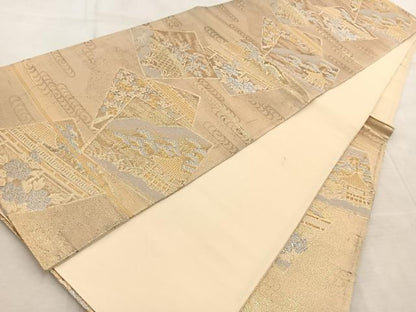 平和屋着物◎六通柄袋帯 色紙重ね風景文 金銀糸 正絹 逸品 BAAV6471yc