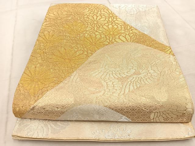 平和屋着物◎六通柄袋帯　飛鶴草花文　金銀糸　正絹　逸品　BAAV6479yc