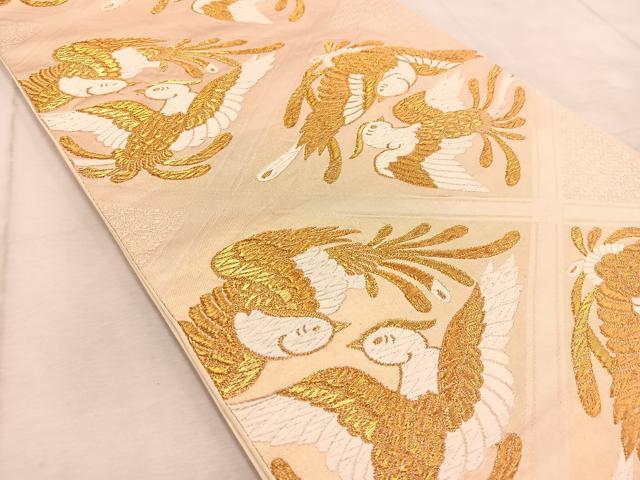 平和屋着物◎六通柄袋帯 唐織 鳳凰菱天井文 金糸 正絹 逸品 BAAV6485yc