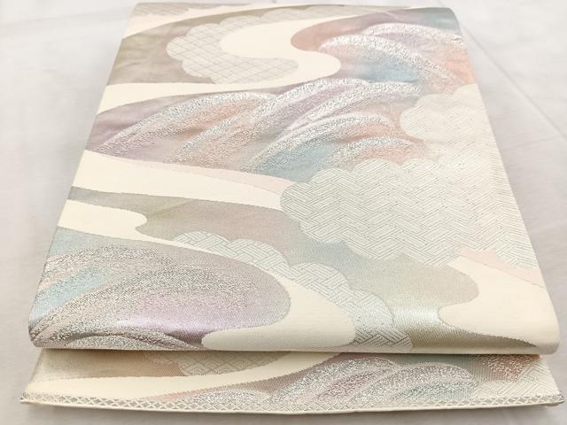 平和屋着物◎六通柄袋帯 雲取り立波文 銀糸 正絹 逸品 BAAV6488yc